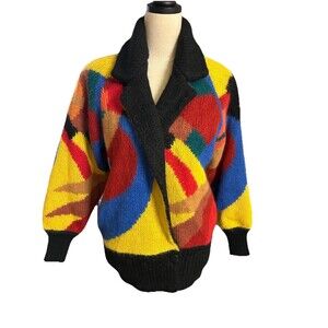 Vintage  Aziza Abstract 80's 90's  Wool Blend  Knit Cardigan Sweater Women's OS